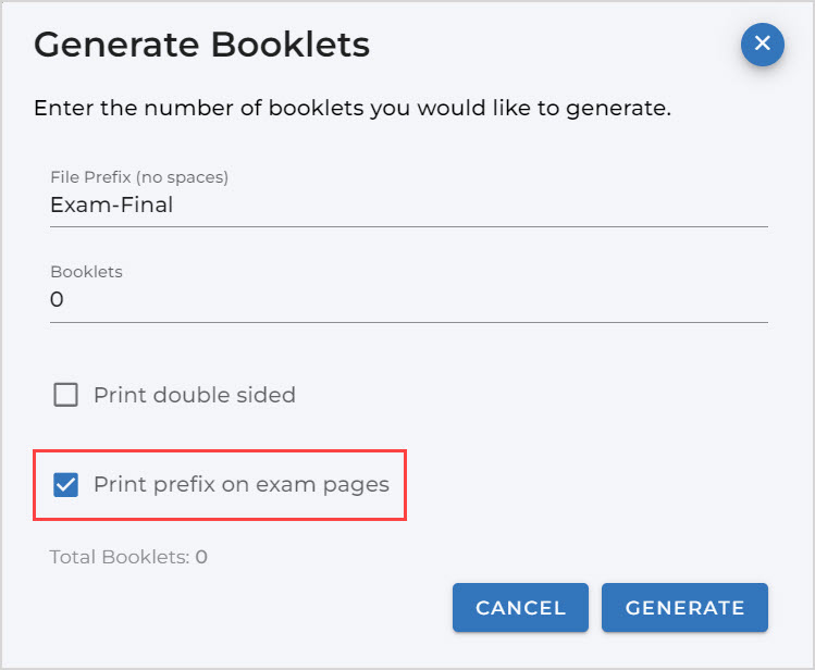 In the Generate Booklets dialog menu, the Print prefix on exam pages checkbox is ticked.